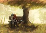  1boy 1girl absurdres animal_ears bench black_hair black_pants boots brown_hair english_commentary faceless fishbowl forever_young_(umamusume) highres horse_ears horse_girl hug jacket leaning_on_person multicolored_hair on_bench pants park_bench ponytail red_jacket red_streaks ris_ennnnnnnn shirt streaked_hair thighhighs trainer_(umamusume) tree umamusume under_tree white_streaks 