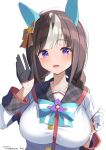  1girl animal_ears asymmetrical_gloves breasts brown_hair commentary_request dated ear_covers gloves half_gloves hand_up highres hirota_fruit hokko_tarumae_(umamusume) horse_ears horse_girl large_breasts looking_at_viewer mismatched_gloves multicolored_hair open_mouth purple_eyes simple_background smile streaked_hair twitter_username umamusume upper_body white_background white_gloves 