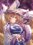  1girl \m/ absurdres bangs blonde_hair breasts commission dress fellatio_gesture fox_tail hat highres kitsune large_breasts long_sleeves looking_at_viewer multiple_tails parted_lips pillow_hat purple_background short_hair skeb_commission smile solo tabard tail touhou upper_body white_dress white_headwear yakumo_ran yellow_eyes zawa_(zawzawranran2) 