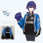  1girl absurdres androgynous black_pants blue_hair cabbie_hat grey_eyes hat highres holeecrab nascar pants persona persona_4 photo-referenced racing_suit reverse_trap shirogane_naoto short_hair sidelocks simple_background smile solo sony white_background 