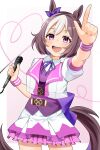  1girl absurdres animal_ears blush bow braid brown_hair collared_shirt cropped_jacket ear_bow ear_ribbon half_up_braid heart highres holding holding_microphone horse_ears horse_girl horse_tail jacket looking_at_viewer microphone multicolored_hair open_mouth purple_bow purple_eyes purple_ribbon purple_vest ribbon shirt short_hair short_sleeves skirt smile special_week_(special_dreamer)_(umamusume) special_week_(umamusume) tail tawashi_hechima teeth two-tone_hair umamusume upper_teeth_only vest white_hair white_jacket white_shirt white_skirt 