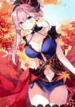  1girl absurdres bangs blue_eyes blue_kimono blush breasts clothing_cutout detached_sleeves earrings fate/grand_order fate_(series) hair_ornament highres japanese_clothes jewelry kimono large_breasts leaf_print looking_at_viewer maple_leaf_print misaki346 miyamoto_musashi_(fate) navel navel_cutout oak_leaf obi outdoors pink_hair ponytail sash sleeveless sleeveless_kimono smile solo thighhighs 