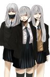  3girls black_choker black_jacket black_thighhighs blue_necktie brown_sweater_vest choker grey_hair highres hoshi_san_3 jacket long_hair looking_at_viewer looking_away mask miniskirt mole mole_under_eye mouth_mask multiple_girls necktie open_clothes open_jacket open_mouth original parted_lips pleated_skirt school_uniform shirt simple_background skirt standing sweater_vest thighhighs white_background white_hair white_shirt yellow_eyes 