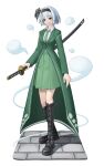  1girl adapted_costume black_boots black_hairband boots breasts coat collared_shirt commentary full_body green_coat green_eyes green_necktie green_skirt grey_hair grin hairband highres hitodama hitodama_print holding holding_sword holding_weapon katana knee_boots konpaku_youmu konpaku_youmu_(ghost) lace-up_boots long_sleeves medium_breasts necktie sheath sheathed shirt short_hair skirt smile solo sword touhou tsubutsubu weapon white_shirt 