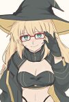  1girl 56_magmag aesc_(exhibition_attire)_(fate) aesc_(fate) aesc_(rain_witch)_(fate) aqua_eyes black_gloves blonde_hair blush commentary_request crop_top fate/grand_order fate_(series) glasses gloves hair_between_eyes hat highres long_hair long_sleeves looking_at_viewer simple_background smile solo very_long_hair witch_hat 