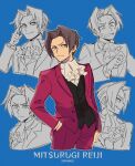  1boy absurdres ace_attorney ascot black_vest blue_background character_name closed_mouth finger_to_face formal frown grey_eyes grey_hair hair_intakes hand_in_pocket highres jacket long_sleeves looking_to_the_side male_focus miles_edgeworth multiple_views nono_(norabi) pants red_jacket red_pants red_suit shirt short_hair smile suit sweatdrop vest white_shirt 