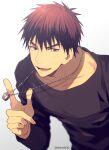  1boy black_hair black_shirt commentary fingernails index_finger_raised jewelry kagami_taiga kuroko_no_basuke long_sleeves looking_at_viewer male_focus mashima_shima multicolored_hair necklace open_mouth red_eyes red_hair ring_necklace shirt short_hair solo twitter_username upper_body 