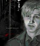  1boy blood coat commentary english_commentary highres james_sunderland male_focus medium_hair monochrome outdoors shirt silent_hill_(series) silent_hill_2 solo title tumultuosa_tt upper_body 