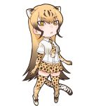 1girl animal_ears blonde_hair cheetah_(kemono_friends) cheetah_ears cheetah_girl cheetah_tail closed_mouth elbow_gloves extra_ears eyeshadow gloves highres kemono_friends kneehighs long_hair looking_at_viewer makeup necktie official_art shirt shoes skirt socks solo straight_hair tail transparent_background yellow_eyes yoshizaki_mine 