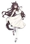  1girl absurdres animal_ears astra_chichi black_hair black_shoes commentary_request detached_sleeves dress full_body gloves highres horse_ears horse_girl horse_tail long_hair looking_at_viewer mole mole_under_eye multicolored_hair open_mouth pantyhose shoes simple_background single_hair_intake smile solo standing standing_on_one_leg streaked_hair tail umamusume vivlos_(umamusume) white_background white_dress white_gloves white_pantyhose white_streaks 