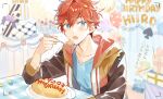  1boy amagi_hiiro balloon bangs blue_eyes blurry blurry_background cake club_(shape) commentary_request confetti cupcake diamond_(shape) drawstring earrings ensemble_stars! food gift hair_between_eyes happy_birthday heart holding holding_spoon hood hood_down hooded_jacket hoop_earrings jacket jewelry ketchup layered_clothes long_sleeves male_focus omelet omurice open_mouth partial_commentary plate polka_dot red_hair seuga short_hair solo spade_(shape) spoon 