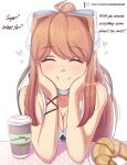  1girl :i ^_^ absurdres artist_name bangs bare_arms bare_shoulders breasts brown_hair cheek_squash cleavage closed_eyes collarbone commentary croissant cup disposable_cup doki_doki_literature_club english_commentary english_text facing_viewer food hair_ribbon hands_on_own_cheeks hands_on_own_face happy heart highres long_hair monika_(doki_doki_literature_club) patreon_username ponytail pov raion_(raionart) ribbon sidelocks solo upper_body white_ribbon 