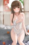  1girl absurdres autumn_leaves bangs blunt_bangs blurry blurry_background blush breasts brown_eyes brown_hair cleavage collarbone commentary_request commission covering covering_breasts covering_crotch highres indoors large_breasts leaf long_hair looking_at_viewer maple_leaf nude nude_cover onemuikun-b onsen original parted_lips pixiv_commission rock soaking_feet solo towel water window 