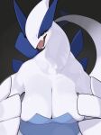  absurd_res blue_body breasts cleavage clothed clothing eyelashes fangs female feral front_view generation_2_pokemon hi_res kame_3 legendary_pokemon looking_at_viewer lugia nintendo open_mouth pokemon pokemon_(species) quadruped simple_background solo teeth tongue white_body 