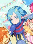  1boy 1other :t balloon blue_eyes blue_hair blue_mittens blue_scarf closed_mouth commentary_request crepe dessert food grusha_(pokemon) hand_up holding holding_string ice_cream ice_cream_cone jacket outdoors pokemon pokemon_(game) pokemon_sv pout puteru scarf sky sparkle string striped striped_scarf yellow_jacket 