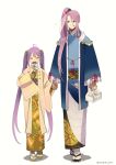  1boy 1girl closed_eyes crossover eating food green_eyes hachisuka_kotetsu hachisuka_kotetsu_(tenka_hyakken) hair_ornament highres holding holding_food holding_hands japanese_clothes purple_hair side_ponytail signature smile tenka_hyakken touken_ranbu twintails ueshita_sayusayu 