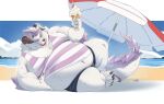  anthro beach behemoth_(housamo) belly bottomwear clothing dessert food fur hair hi_res horn ice_cream lifewonders male moobs navel overweight purple_hair riisago seaside shirt shorts solo swimwear tank_top tokyo_afterschool_summoners topwear white_body white_fur 