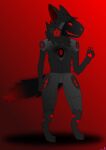  absurd_res anthro armor black_body black_fur black_hair black_paws chest_markings claws dipstick_tail fur gabogen_(gavinator96) gesture gradient_background grey_armor hair hand_gesture hi_res leg_markings machine male markings pawpads protogen protogen_armor protogen_face protogen_visor red_claws red_ears red_eyes red_face red_finger_claws red_pawpads red_toe_claws simple_background solo tail tail_markings unknown_artist v_sign 