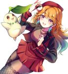  1girl :d alternate_costume beret black_jacket black_pantyhose breasts chikorita commentary_request dutch_angle earrings feather_earrings feathers fishnet_thighhighs fishnets gradient_hair green_hair hair_flaps hat highres holding holding_poke_ball hololive hololive_english jacket jewelry large_breasts long_hair long_sleeves looking_at_viewer mia_mikhail mini_person minigirl multicolored_hair open_mouth orange_hair origami pantyhose pleated_skirt poke_ball poke_ball_(basic) pokemon pokemon_(creature) purple_eyes raised_eyebrows red_hat red_skirt red_vest simple_background skirt smile solo swept_bangs takanashi_kiara thick_thighs thighhighs thighhighs_over_pantyhose thighs vest virtual_youtuber white_background 