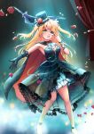  1girl absurdres ascot bilingual_commentary bird black_cape black_dress black_gloves black_hat black_shoes blonde_hair blush bow bowtie breasts cape cleavage cosplay crow curtains dress erik_(phantom_of_the_opera) erik_(phantom_of_the_opera)_(cosplay) falling_petals fischl_(genshin_impact) flower frilled_dress frilled_skirt frills genshin_impact gloves green_eyes hair_ribbon half_mask hand_up hat high-low_dress highres lace-trimmed_dress lace-trimmed_gloves lace_trim layered_dress layered_skirt looking_at_viewer mask mia_mikhail mini_person minigirl mixed-language_commentary open_hand open_mouth outstretched_hand oz_(genshin_impact) petals phantom_of_the_opera red_bow red_bowtie red_cape red_flower red_rose ribbon rose shirt_under_dress shoes single_glove skirt small_breasts solo spotlight stage_curtains strapless strapless_dress top_hat two-sided_cape two-sided_fabric two_side_up v-shaped_eyebrows white_ascot white_skirt wrist_ribbon 