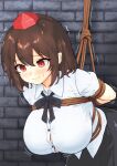 1girl arms_behind_back bdsm black_bow black_bowtie black_skirt blush bondage bound bow bowtie breasts brown_hair closed_mouth collared_shirt commentary_request hat highres hinben huge_breasts medium_hair paid_reward_available red_eyes red_hat restrained rope shameimaru_aya shibari shibari_over_clothes shirt short_sleeves skirt solo tokin_hat touhou white_shirt 