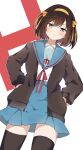  1girl :/ black_jacket black_thighhighs blue_sailor_collar blue_skirt blush brown_eyes brown_hair commentary_request cowboy_shot dutch_angle h_(letter) hair_between_eyes hairband hands_on_own_hips highres jacket kita_high_school_uniform looking_at_viewer mani_(manidrawings) medium_hair neck_ribbon open_clothes open_jacket outline red_ribbon ribbon sailor_collar school_uniform shirt sidelocks skirt solo suzumiya_haruhi suzumiya_haruhi_no_yuuutsu thighhighs white_background white_outline white_shirt yellow_hairband zettai_ryouiki 