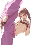  1girl :d bangs belt black_hair bracelet breasts chamame choker earrings han_juri hand_wraps highres jewelry kicking motion_lines navel navel_piercing open_mouth pants piercing pink_eyes pink_pants ponytail simple_background smile solo spiked_choker spikes standing standing_on_one_leg strapless street_fighter street_fighter_v tube_top white_background 