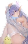  >_< 1girl absurdres albion_(a_fairy-tale_breakfast)_(azur_lane) albion_(azur_lane) azur_lane bra breasts bug butterfly butterfly_hair_ornament commentary english_commentary grey_hair hair_ornament highres kuuhaku_(pskf2372) lace-trimmed_thighhighs lace_trim large_breasts long_hair long_pointy_ears long_sleeves manjuu_(azur_lane) official_alternate_costume pointy_ears purple_butterfly purple_eyes see-through_bra see-through_butterfly see-through_clothes see-through_hair_ornament see-through_thighhighs simple_background sitting solo string_bra thighhighs thighs underwear white_background white_bra white_thighhighs 