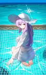  1girl absurdres ass atsuko_(blue_archive) atsuko_(swimsuit)_(blue_archive) bikini blue_archive breasts cross_halo hair_between_eyes halo hat highres jacket large_breasts long_hair long_sleeves looking_at_viewer looking_back ocean official_alternate_costume purple_hair red_eyes see-through_clothes see-through_jacket seiza shangdi_de_fa_zhang sitting smile solo sun_hat swimsuit white_bikini white_halo white_hat 
