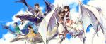  >_< akagi_(kancolle) arrow_(projectile) black_hair black_thighhighs blue_hair blue_hakama blue_sky bow_(weapon) closed_eyes cloud commentary_request day dragon fukuroumori gloves green_kimono hakama hakama_skirt hiryuu_(kancolle) holding holding_bow_(weapon) holding_weapon japanese_clothes kaga_(kancolle) kantai_collection kimono long_hair long_sleeves multiple_girls muneate open_mouth orange_kimono outdoors partially_fingerless_gloves quiver red_hakama riding_dragon rigging side_ponytail single_glove skirt sky souryuu_(kancolle) thighhighs tongue weapon white_kimono white_thighhighs wide_sleeves yugake 