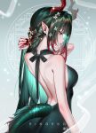  1girl absurdres alternate_costume arknights arknights:_endfield arm_up artist_name back backless_dress backless_outfit bare_shoulders braid breasts closed_mouth colored_tips commentary dragon_girl dragon_horns dragon_tail dress eastern_dragon_horns eastern_dragon_tail fingernails from_behind green_dress green_eyes green_hair hair_ornament half_up_braid hand_up highres horns light_blush long_hair median_furrow medium_breasts multicolored_hair pointy_ears profile red_horns ringeko-chan shoulder_blades solo streaked_hair tail turning_head upper_body zhuang_fangyi_(arknights) 