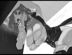  1girl armpits artist_name bandeau bare_arms bent_over blush boots bow bowtie breasts buttons cleavage coattails commentary_request cowboy_shot cuff_links detached_collar fang fold-over_boots from_below greyscale hanging_breasts hashtag highres lapels large_breasts leaning letterboxed long_hair looking_at_viewer miton-chan_(miton_(turuyasann)) miton_(turuyasann) monochrome nose_blush original ring_light_reflection skin_fang skindentation solo sweat sweatdrop sweaty_breasts tailcoat thigh_boots tile_wall tiles traditional_bowtie translation_request v-shaped_eyebrows vest waistcoat wrist_cuffs 