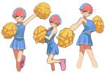  1girl absurdres alternate_costume arm_up bangs blue_shirt blue_skirt breasts cheerleader closed_mouth commentary_request flying_sweatdrops glasses highres holding holding_pom_poms kellila93 leg_up looking_at_viewer multicolored_hair multiple_views parted_lips penny_(pokemon) pink_footwear pleated_skirt pokemon pokemon_(game) pokemon_sv pom_pom_(cheerleading) round_eyewear shirt shoes short_hair simple_background skirt sleeveless sleeveless_shirt two-tone_hair white_background 