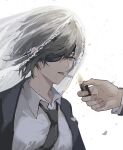  1girl absurdres black_hair black_jacket black_necktie bridal_veil chainsaw_man cigarette collared_shirt eyepatch falling_petals formal highres himeno_(chainsaw_man) holding holding_lighter jacket lighter lighting_cigarette looking_at_viewer necktie null_(skev7724) petals shirt short_hair simple_background smoking solo_focus suit suit_jacket veil white_background white_shirt 