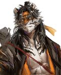  1boy arknights ashu_monster furry furry_male headband highres huai_tianpei_(arknights) long_hair looking_ahead male_focus simple_background tiger tiger_boy white_background 