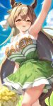  1girl absurdres animal_ears arm_up armpits blue_sky blush breasts brown_eyes brown_hair brown_tail check_commentary cheerleader clothes_writing cloud cloudy_sky commentary_request day diamond_(shape) ear_ornament green_skirt hair_between_eyes highres holding holding_pom_poms horse_ears horse_girl horse_tail large_breasts light_particles long_hair looking_at_viewer multicolored_hair open_mouth p1_fcoyaa pom_pom_(cheerleading) satono_diamond_(umamusume) shirt skirt sky sleeveless sleeveless_shirt smile solo streaked_hair tail thighs umamusume white_shirt white_streaks 