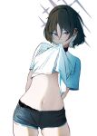  1girl alternate_costume barbell_piercing black_choker black_panties black_shorts blue_archive brown_hair choker clothes_in_mouth commentary dolphin_shorts ear_piercing english_commentary grey_eyes halo highres industrial_piercing lace-trimmed_panties lace_trim medium_hair misaki_(blue_archive) mouth_hold navel panties piercing shirt shirt_in_mouth short_shorts shorts simple_background solo tenshied730 underwear white_background white_shirt 