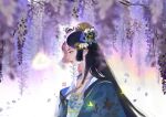  1girl black_hair brown_hair bug butterfly chinese_clothes colored_inner_hair flower glowing_butterfly hair_ornament hanfu long_hair multicolored_hair original pink_hair profile solo two-tone_hair user43225nadhcb wisteria yellow_butterfly 