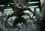  2others absurdres adversarial_noise antennae armor artist_name blood blurry blurry_background blurry_foreground ceiling_light chromatic_aberration claws commentary_request creature exoskeleton extra_arms extra_eyes extra_tails fangs fluorescent_lamp giant_insect green_eyes gun highres holding holding_gun holding_weapon indoors long_claws monster multiple_others original power_armor radio_antenna science_fiction signature spikes standing weapon yaziri 