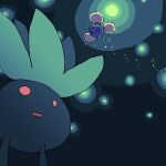  fireflies jumpluff looking_up no_humans oddish open_mouth parted_lips pokemon pokemon_(creature) red_eyes saboteri_(savot) 