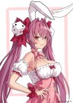  1girl animal_ears breasts cleavage di_gi_charat dice_hair_ornament hair_ornament hair_ribbon highres large_breasts long_hair looking_at_viewer pink_hair rabbit_ears red_eyes red_ribbon ribbon solo takanashi_kei_(hitsujikan) twintails usada_hikaru 