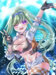  1girl arms_up black_gloves breasts commentary_request dmc_tales2006 fingerless_gloves gloves green_hair hairband heaven_burns_red jacket large_breasts long_hair looking_at_viewer mole mole_under_mouth murofushi_risa murofushi_risa_(smiley_infiltration) one_eye_closed open_clothes open_jacket ponytail purple_eyes shorts v zettai_ryouiki 