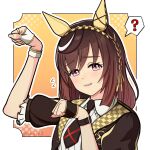  1girl 6211-5103 ? animal_ears blush braid breasts brown_hair buena_vista_(umamusume) commentary_request confused hair_between_eyes hair_ornament hairband highres horse_ears horse_girl looking_at_viewer medium_breasts necktie open_mouth pose_imitation purple_eyes solo twitter_username umamusume 