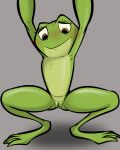  amphibian anthro blush female flat_chested frog genitals hi_res illegaleel leaking leaking_pussy looking_down princess_tiana pussy simple_background solo spread_legs spreading the_princess_and_the_frog 