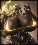  3d_(artwork) absurd_res anthro areola big_breasts bikini black_body black_scales breasts capcom clothing curled_horn digital_media_(artwork) elder_dragon fellatio_gesture female gesture gold_bikini hi_res horn huge_breasts kulve_taroth monster_hunter scales solo suggestive suggestive_gesture swimwear tail thevercetti thick_thighs tongue tongue_out two-piece_swimsuit wide_hips 