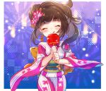  alternate_hairstyle bangs black_hair blunt_bangs candy_apple closed_eyes earrings flower food fuuchingiri_mitsuyo hair_flower hair_ornament holding holding_food japanese_clothes jewelry kimono obi_bow okanoyuno smile tenka_hyakken tongue tongue_out yukata 