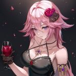  1girl alcohol alternate_costume armlet bare_shoulders black_background black_dress black_gloves breasts cleavage criss-cross_halter cup dress drinking_glass flower genshin_impact gloves gradient_background hair_between_eyes hair_flower hair_ornament halterneck highres holding holding_cup jewelry large_breasts long_hair looking_at_viewer necklace pink_hair pink_nails poise purple_eyes see-through_gloves solo very_long_hair wine wine_glass yae_miko 