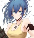  1girl bangs bare_shoulders blue_eyes blue_hair dog_tags earrings gloves jewelry leona_heidern nanahoshi_kou ponytail simple_background sleeveless solo tank_top the_king_of_fighters the_king_of_fighters_xv triangle_earrings white_background yellow_tank_top 