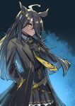  1girl :/ absurdres adjusting_clothes adjusting_necktie ahoge animal_ears belt black_belt black_coat black_hair black_skirt black_vest blunt_ends closed_mouth coat collared_shirt commentary_request ear_ornament ear_tag earrings hair_over_one_eye hand_in_pocket hand_up hem_peeking_out highres horse_ears horse_girl jewelry light_frown long_bangs long_hair manhattan_cafe_(umamusume) mitsune_(3chune) multicolored_hair necktie open_clothes open_coat pleated_skirt shirt single_earring skirt solo umamusume very_long_hair vest white_hair white_shirt white_trim yellow_eyes yellow_necktie 