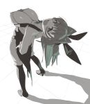  1girl animal_ear_hairband animal_ears bandeau bare_arms blush boots bow bowtie breasts cleavage coattails commentary_request covered_nipples detached_collar fake_animal_ears fang fold-over_boots full_body greyscale hair_intakes hairband hands_on_own_back head_back high_heel_boots high_heels highres lapels large_breasts leaning_back long_hair looking_at_viewer miton-chan_(miton_(turuyasann)) miton_(turuyasann) monochrome one_side_up open_mouth original playboy_bunny rabbit_ear_hairband rabbit_ears shadow sideways_glance skin_fang solo standing stretching tailcoat thigh_boots thighs tile_floor tiles traditional_bowtie trembling vest white_background wrist_cuffs 